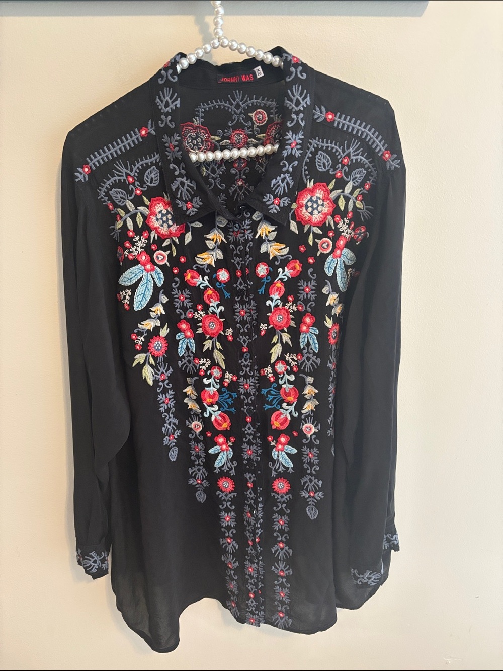 Johnny Was 2X Black Embroidered Floral Button Down Tunic Blouse Peasant Boho